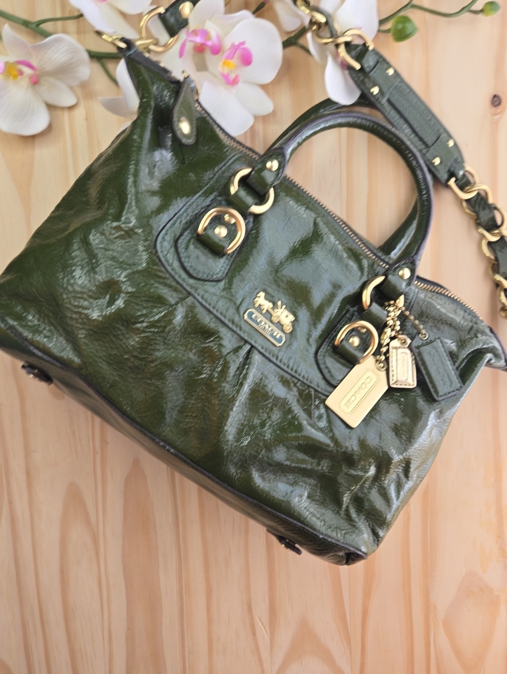 Coach Glossy Olive Green Patent Leather Satchel with Gold Hardware
